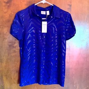 ⭐️ BRAND NEW ⭐️ Chico’s Zenergy Golf Foil Print Polo Mysterious Blue Shirt Top